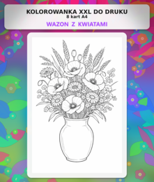 WAZON Z KWIATAMI - kolorowanka - plakat do druku XXL + miniatura A4 - kwiaty (Dzień Kobiet, Dzień Matki)