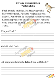 Wiosenne ptaki - 5 tekstów na czytanie ze zrozumieniem KLASA 1. (Wróbelek Felek, Gniazdo na drzewie, Zwinne jaskółki, Leśny lekarz, Kukułka).