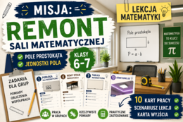 Scenariusz lekcji matematyki z kartami pracy dla grup | Pole prostokąta. Jednostki pola | Klasy 6–7|Misja: Remont sali matematycznej