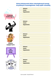 Karty pracy - dopasowanie frazeologizmów do bohaterów lektur