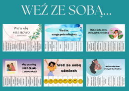 Weź ze sobą..- Dzień życzliwości- całoroczne- 48 kart A4- odrywanki- selfcare-uśmiech-docenienie-budowanie relacji- każdy etap edukacyjny
