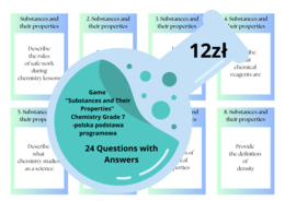 Chemia. Klasa 7. Gra dydaktyczna. Substancje i ich przemiany. Wersja po angielsku. Pytania i odpowiedzi. Powtórzenie wiadomości.