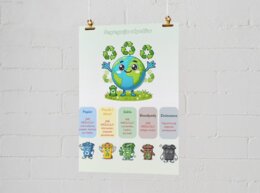 Infografiki na temat segregacji odpadów, oszczędzania wody i energii.