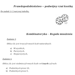 Karta pracy: Prawdopodobieństwo – podwójny rzut kostką oraz kombinatoryka (reguła mnożenia) | klasa 8 SP / szkoła średnia