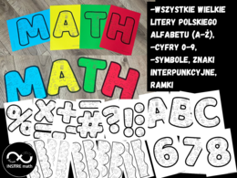 Matematyczne litery do druku na szkolną gazetkę (dowolny napis). Litery, cyfry, symbole i ramki. Matematyczna gazetka, tablica, dekoracja ścienna, sali lub klasy.