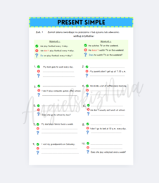 Present Simple - przekształcanie zdań - ćwiczenia dla początkujących - zdania twierdzące - przeczenia - pytania - kl. 4, 5 - A2