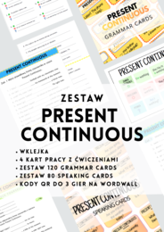 ZESTAW - Present Continuous - 4 karty pracy - ćwiczenia - test - kartkówka - wklejka - 80 Speaking Cards - 120 Grammar Cards - bonus - gry na Wordwall