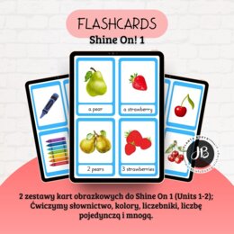 Flashcards do Shine On 1 - Karty obrazkowe PRZYBORY SZKOLNE/OWOCE/w liczbie pojedynczej i mnogiej/z podpisami i bez