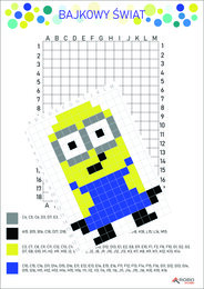 Odkoduj postacie z bajek, Peppa, Minionki, Olaf, Myszka Miki, Snoopy, kodowanie, kodowanka, dyktando graficzne