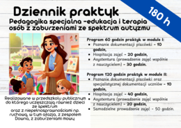 Dziennik praktyk Pedagogika specjalna - edukacja i terapia osób z zaburzeniami ze spektrum autyzmu - 180 h