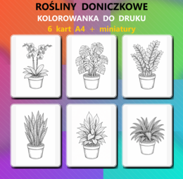 ROŚLINY DONICZKOWE - kolorowanka edukacyjna - (PDF A4, 7 stron: 6 roślin + miniatury) - przyroda/biologia