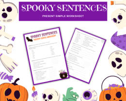 Spooky Sentences: Present Simple Worksheets Halloween Edition Arkusz ćwiczeń Karty pracy na ćwiczenie czasu Present Simple dla klasy 5 Motyw Halloween Dodatkowo Gra Memory