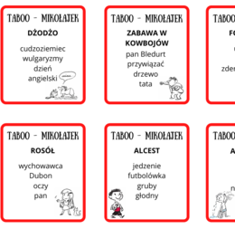 Mikołajek: gra taboo, tematy wypracowań i wykreślanka