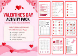 Valentine’s Day Activity Pack – karty pracy na Walentynki | Język angielski | SP 1–3  (wykreślanka, krzyzówka, liczenie i kolorowanie, labirynty, kodowanie i więcej!)