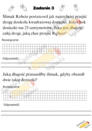 Zadania z treścią na obliczanie obwodu. Wersja normalna oraz rozbudowana dla uczniów szybciej pracujących.