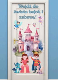🏰 Dekoracja na drzwi do przedszkola – „Wejdź do świata bajek i zabawy!” | Zamek + postacie | PDF do druku (plakat A4)