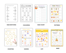 Easter For Preschoolers - Wielkanoc dla przedszkolaka - zestaw kart pracy do nauki języka angielskiego dla przedszkolaków i uczniów zerówki przedszkolnej, 8 różnych zadań, łączenie, liczenie, sudoku, labiryt, I spy, karty obrazkowe