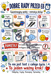 Egzamin ósmoklasisty 2026 – sketchnotki na gazetkę ścienną | 8 kolorowych plansz PNG