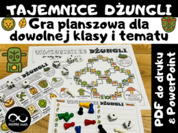 Gra planszowa Tajemnice Dżungli dla dowolnej klasy i tematu. Gra matematyczna lub z dowolnego przedmiotu. Dzień Gier Planszowych, planszówka, gra powtórzeniowa. + 2 wersje 20 zadań (ułamki i działania pisemne)