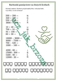 Rachunki pamięciowe na dużych liczbach, karta pracy z hasłem, klasa 4, Dzień Tolerancji