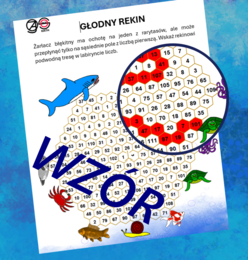 (klasa 5 klasa 6) Zastosowanie cech podzielności przez 3 oraz 9 lub 4 oraz rozpoznawanie liczb pierwszych i złożonych - 3 karty pracy z rekinem.