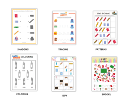Back to school - school supplies - zestaw 6 kart pracy na początek roku szkolnego, przybory szkolne, wyposażenie klasy, karty obrazkowe, sudoku, I spy, przedszkole, zerówka. worksheets, very young learners, ESL, EFL