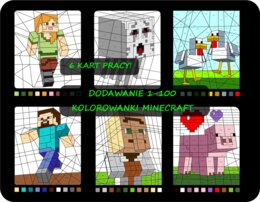 Zestaw dla fanów Minecrafta: Dodawanie liczb dwucyfrowych, kolorowanka matematyczna, pokoloruj według wyników dodawania 1-100, Minecraft