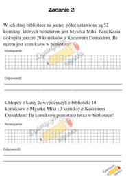 Dodawanie i odejmowanie z przekroczeniem progu dziesiątkowego w zakresie 100. Rozbudowane zadania z treścią -5 kart pracy.