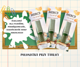 Zakładki dla uczniów z książkami, podziękowanie, zakończenie roku szkolnego, merci