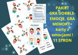 PAKIET EMOCJE: Gra Dobble- Emocje, Gra MEMORY-Emocje + karty z emocjami i podpisami 11 stron  TUS,TERAPIA, pedagog specjalny