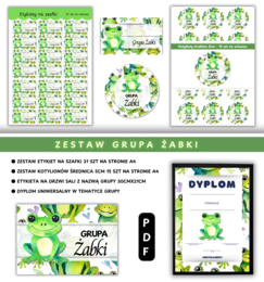 Zestaw Etykiety, Medaliony, Dyplom, Naklejka z nazwą grupy - Dla Grupy Żabki