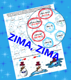 (klasa 5 klasa 6) Działania na liczbach całkowitych z bałwankiem.