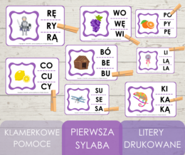Klamerkowe pomoce - pierwsza sylaba (litery drukowane)