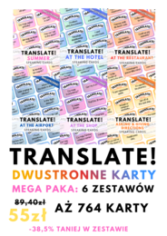 TRANSLATE! MEGA PAKA: aż 764 Speaking Cards – 6 zestawów – dwustronne karty do tłumaczenia - fiszki - At the Restaurant - At the Shop - At the Hotel - At the Airport - Giving & Asking Directions - Summer - Everyday English – wakacje – lato – A2 - B1 - B2