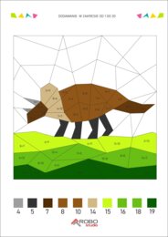 Kolorowanka matematyczna, dodawanie od 1 do 20, dzień dinozaura, prehistoria, matematyka i sztuka.