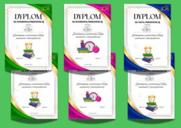 Dyplomy szkolne A4 – 100% frekwencji i wzorowa frekwencja | PDF do druku | 3 kolory