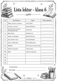Lista lektur do klasy 6 (różne wersje) czarno-białe