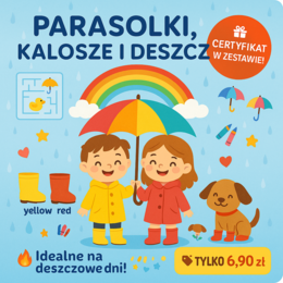 Kolorowanki: parasolki, kalosze, deszcz.