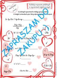 Karta pracy na Walentynki i nie tylko. Wyrażenia algebraiczne - redukcja wyrazów podobnych