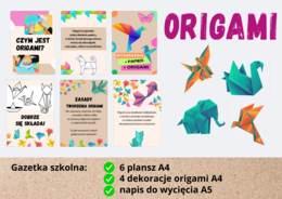 Gazetka szkolna ORIGAMI składanie papieru, 6 plansz + 4 dekoracje + napis PDF