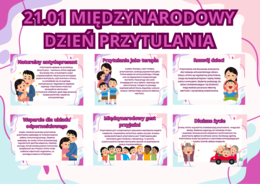 21.01- Międzynarodowy Dzień Przytulania- napis + 10 kolorowych kart A4