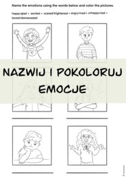 Lekcja o emocjach. Słownictwo i nazywanie emocji, uzupełnianie zdań, kolorowanka.