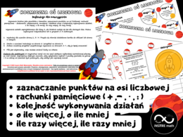 Matematyczne wyzwanie: Kosmiczna Oś Liczbowa. Rachunki pamięciowe, kolejność działań, o ile więcej, o ile mniej, ile razy więcej, ile razy mniej, zaznaczanie punktów na osi liczbowej.