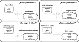 Was magst du lieber? - zadania do ćwiczenia mówienia, pisania z argumentowaniem swoich wyborów - j. niemiecki, E8, matura, kursy