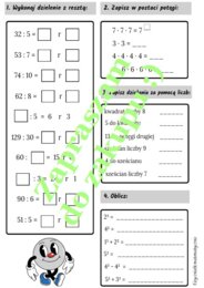 Dzielenie z resztą, kwadraty i sześciany liczb - karta pracy.