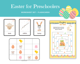 Easter For Preschoolers - Wielkanoc dla przedszkolaka - zestaw kart pracy do nauki języka angielskiego dla przedszkolaków i uczniów zerówki przedszkolnej, 8 różnych zadań, łączenie, liczenie, sudoku, labiryt, I spy, karty obrazkowe