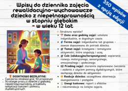 350 gotowych wpisów do dziennika, tematów zajęć rewalidacyjno-wychowawczych dla dzieci z głęboką niepełnosprawnością – w wieku 12 lat.