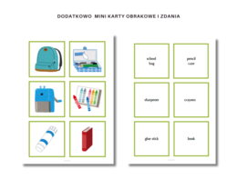 School supplies, objects and equipment - przybory szkolne, dodatkowe karty pracy do nauki słownictwa, język angielski, czytanie, pisanie po sladzie, słowniczek, dodatkowo mini karty obrazkowe, klasa 1,2,