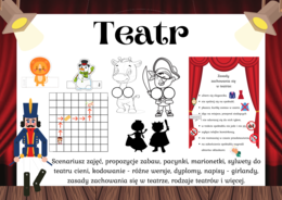 Jestem kulturalny: Wizyta w teatrze, Jak zachować się w teatrze? - plansza, Zabawy paluszkowe i gotowe postacie do wycięcia i ozdobienia, Kodowanie na dywanie - 16 kart A4 + plansza do kodowania