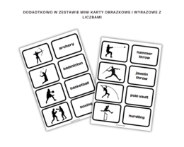 Summer Olympics Vocabulary Worksheet Set, names of sports and equipment - Igrzyska Olimpijskie, Słownictwo, Karty pracy, nazwy sportów i wyposażenia, dodatkowo mini karty obrazkowe i wyrazowe do gry w memory, angielski dla sportowców